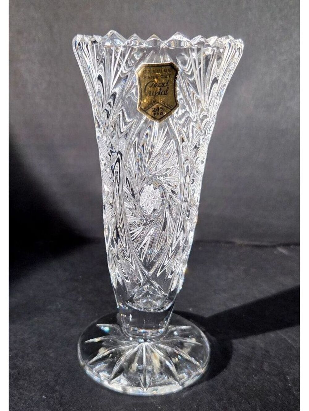 Bohemian cut lead crystal footed bud vase, Pinwheel & Starburst design Vintage